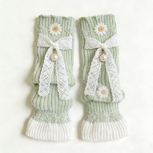 Mint Daisy Pearl Knit Leg Warmers