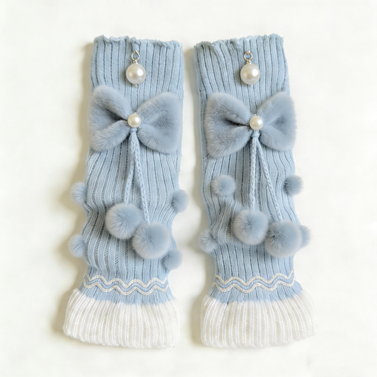 Light Blue Pom Pom Bow Leg Warmers