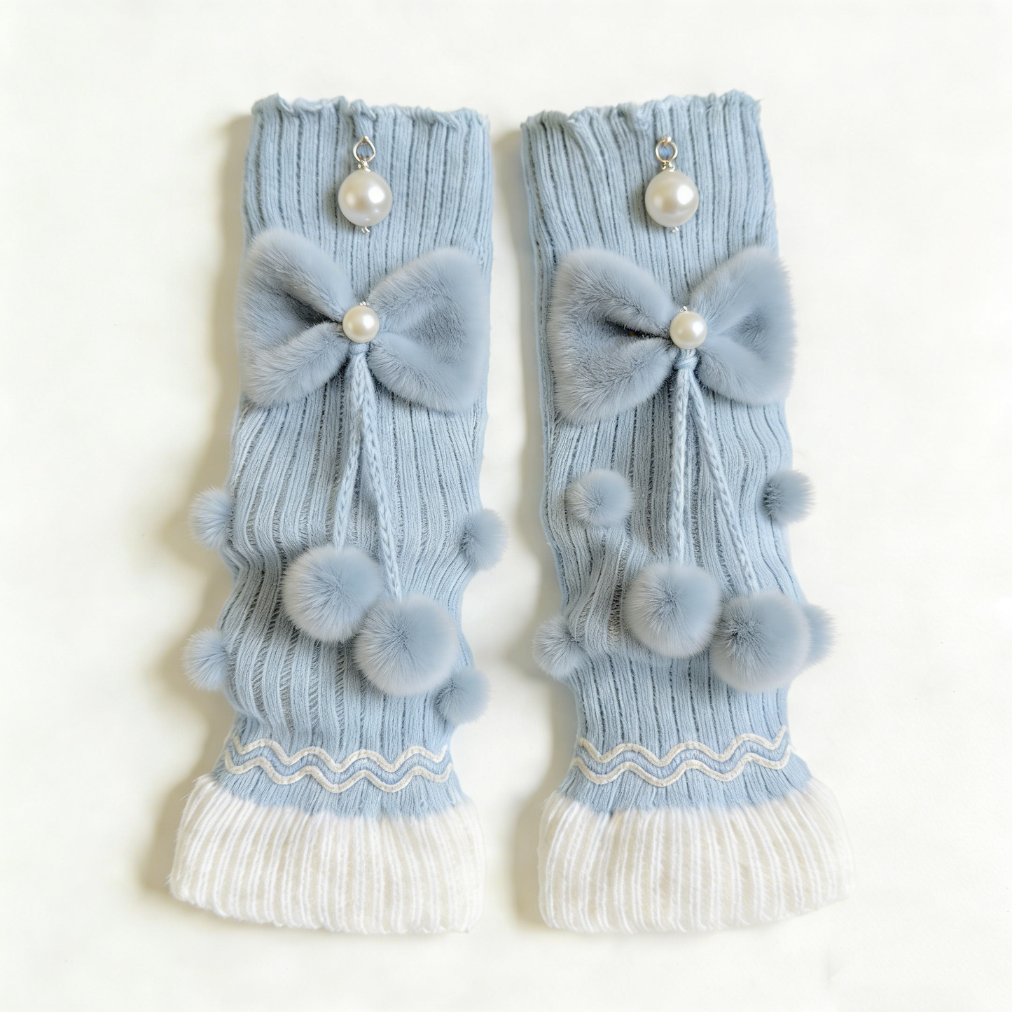 Light Blue Pom Pom Bow Leg Warmers