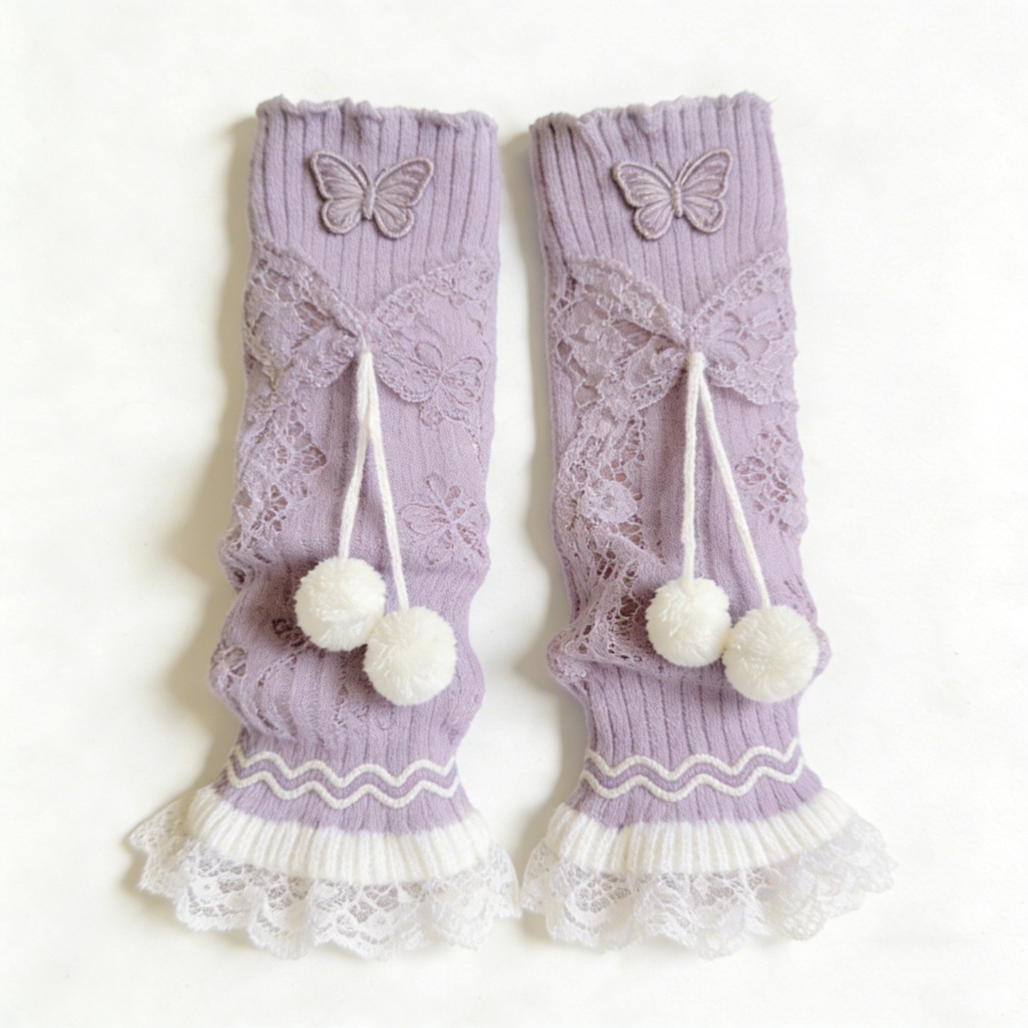 Purple Butterfly Pom Pom Leg Warmers