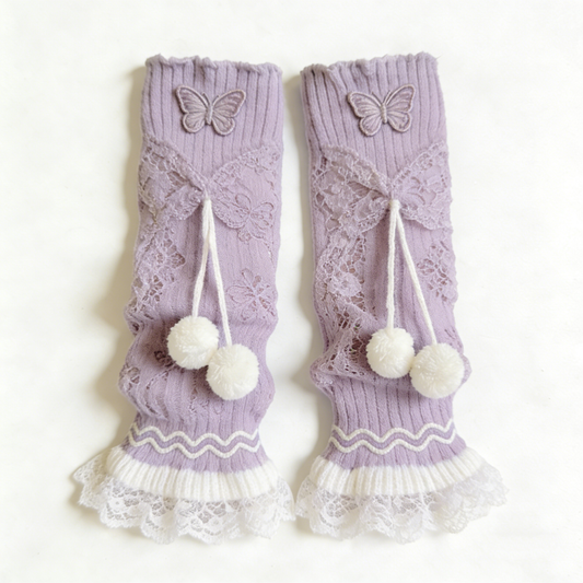 Purple Butterfly Pom Pom Leg Warmers