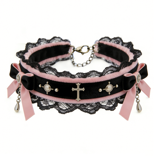 Pink-Black Cross Lace Choker
