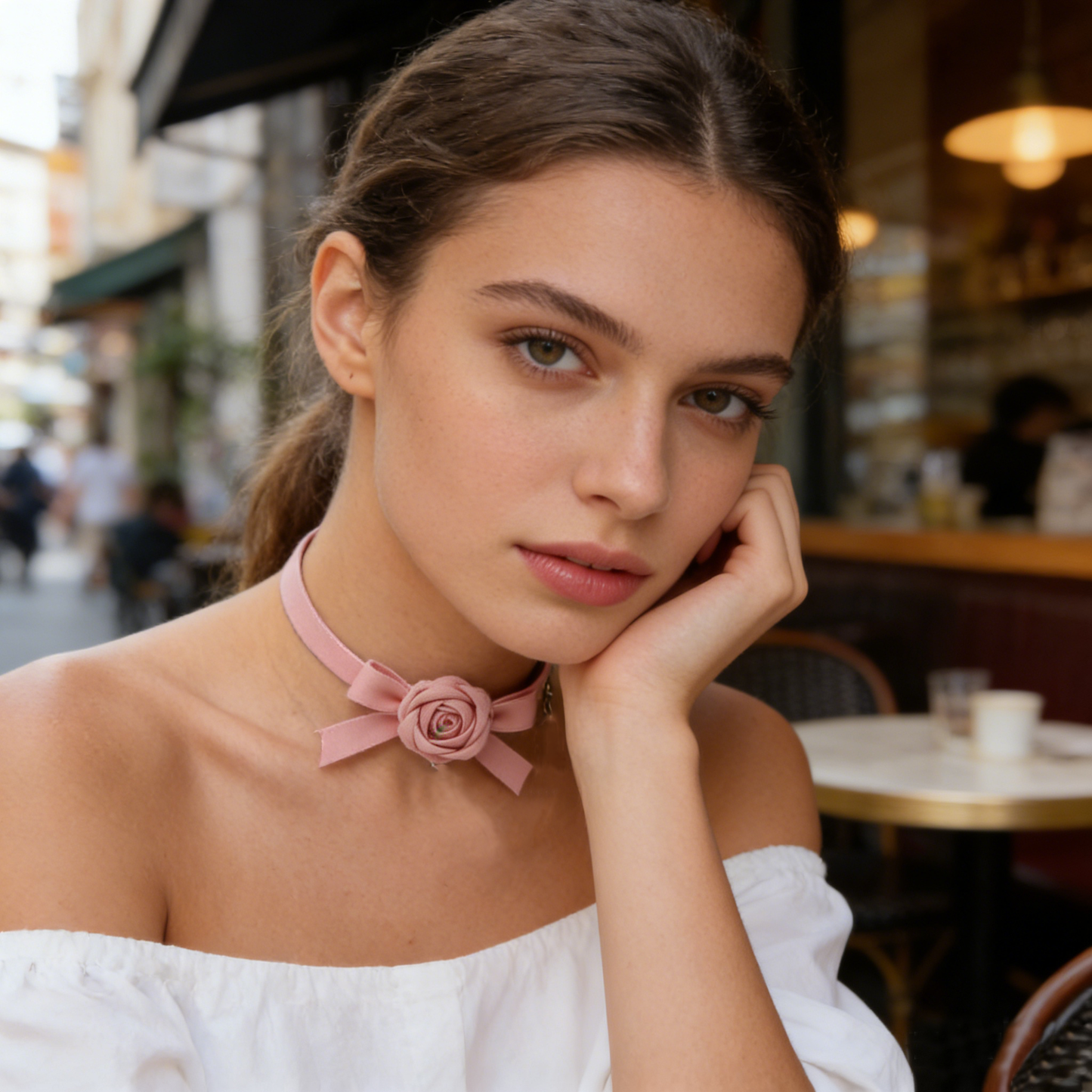 Pink Rose Bow Choker