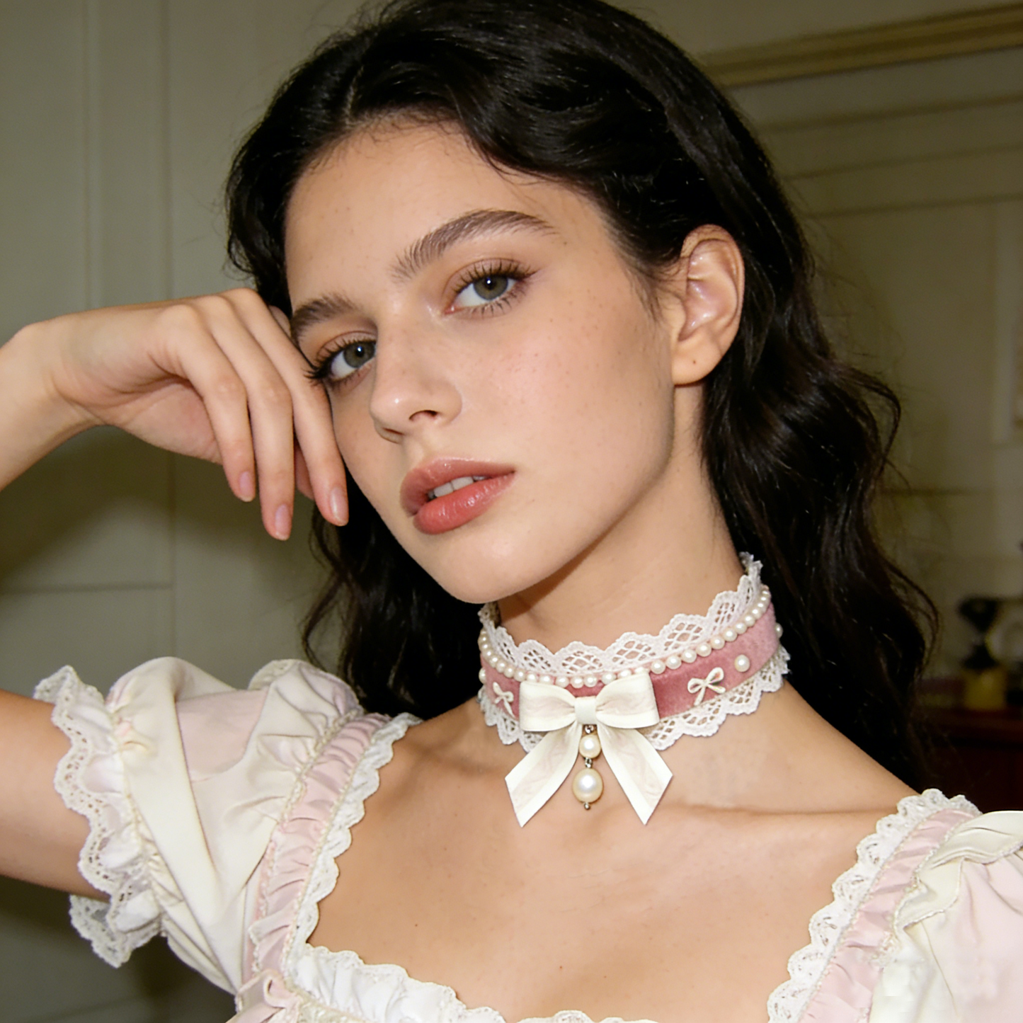 Pink Lace Bow Choker