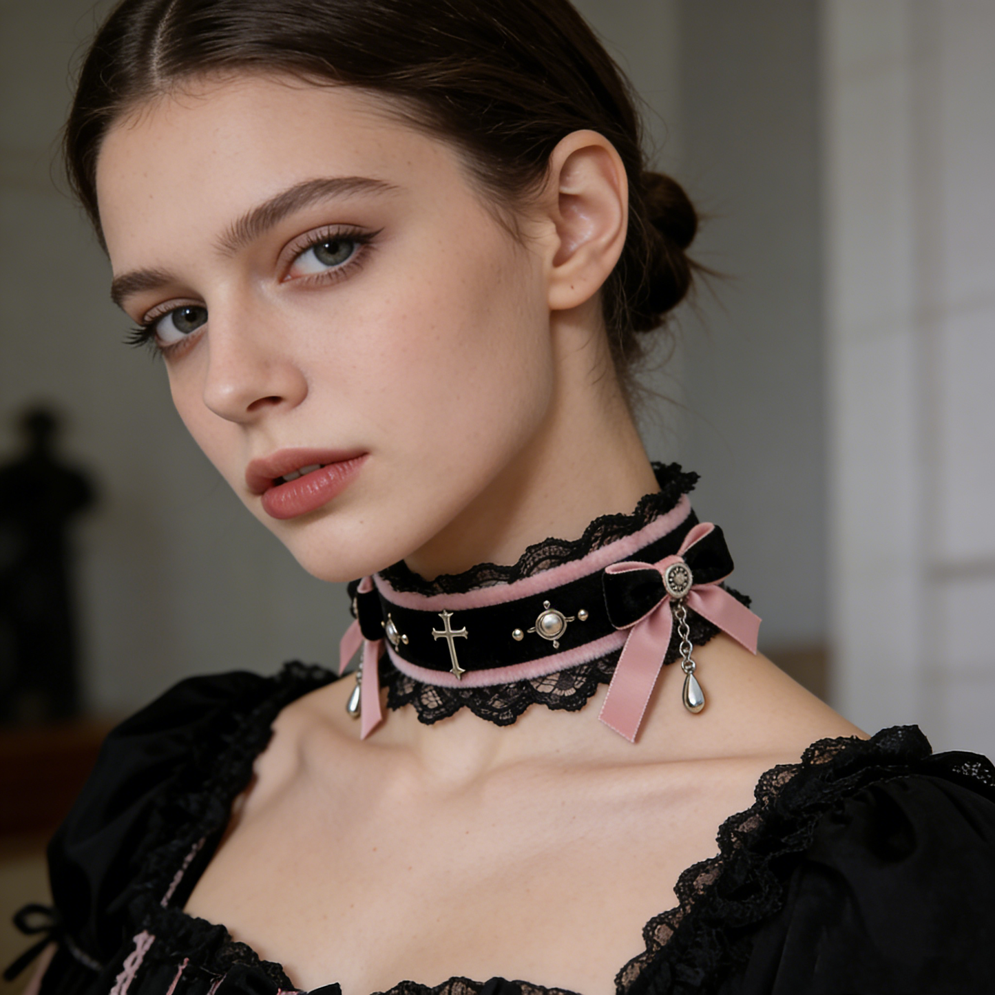 Pink-Black Cross Lace Choker