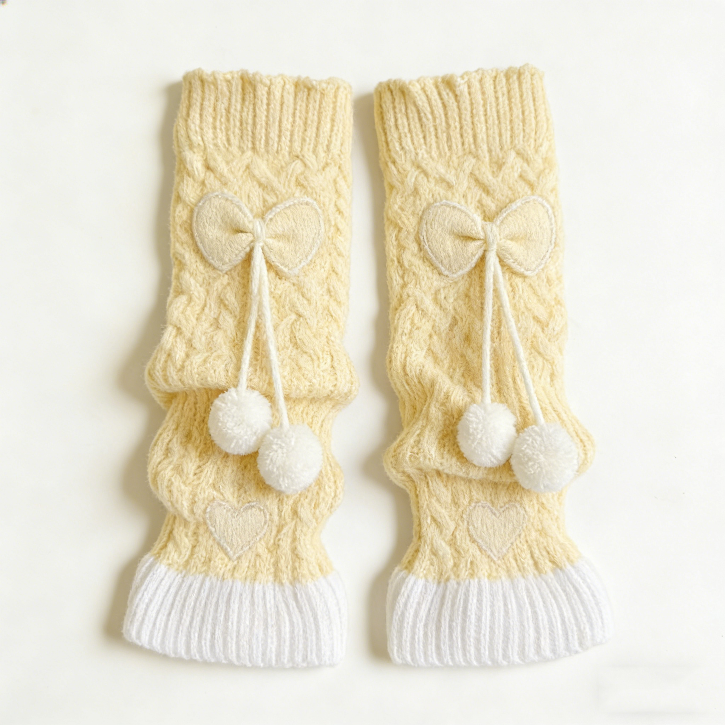 Cream Bow & Pom Pom Leg Warmers