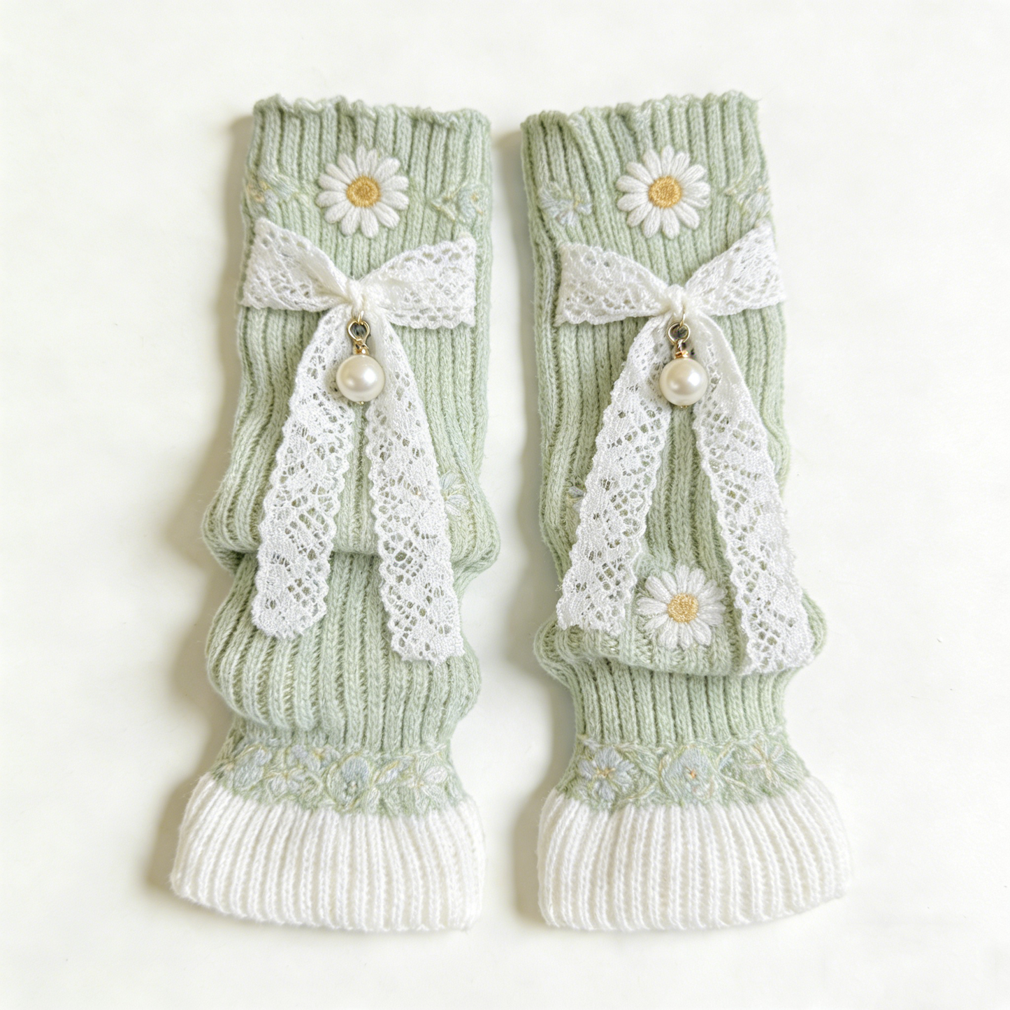 Mint Daisy Pearl Knit Leg Warmers