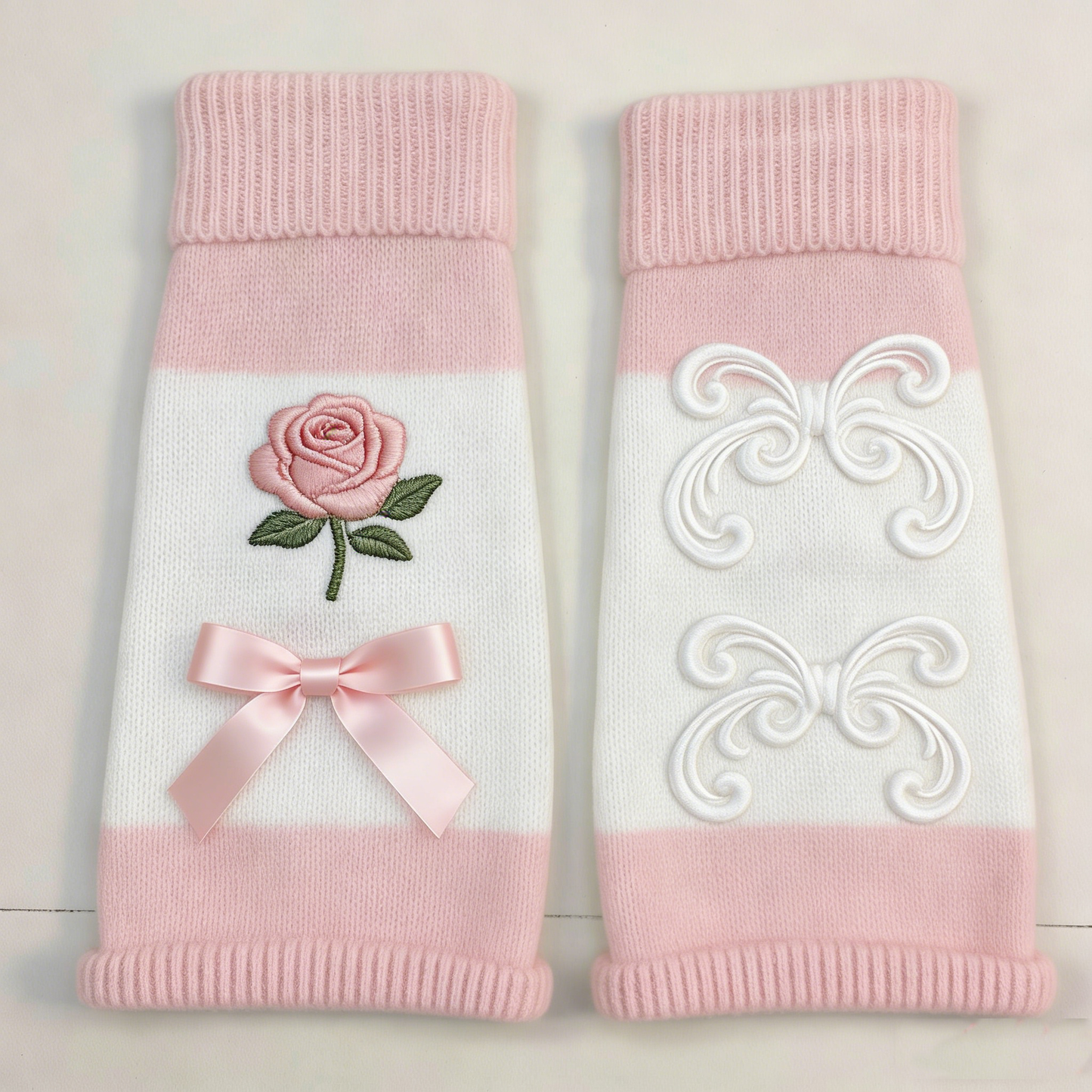 Pink White Rose Bow Leg Warmers