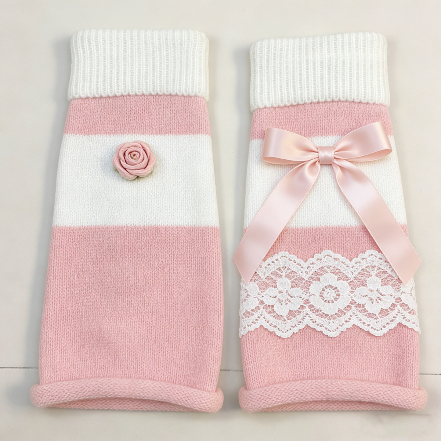 Pink Stripe Rose Lace Leg Warmers