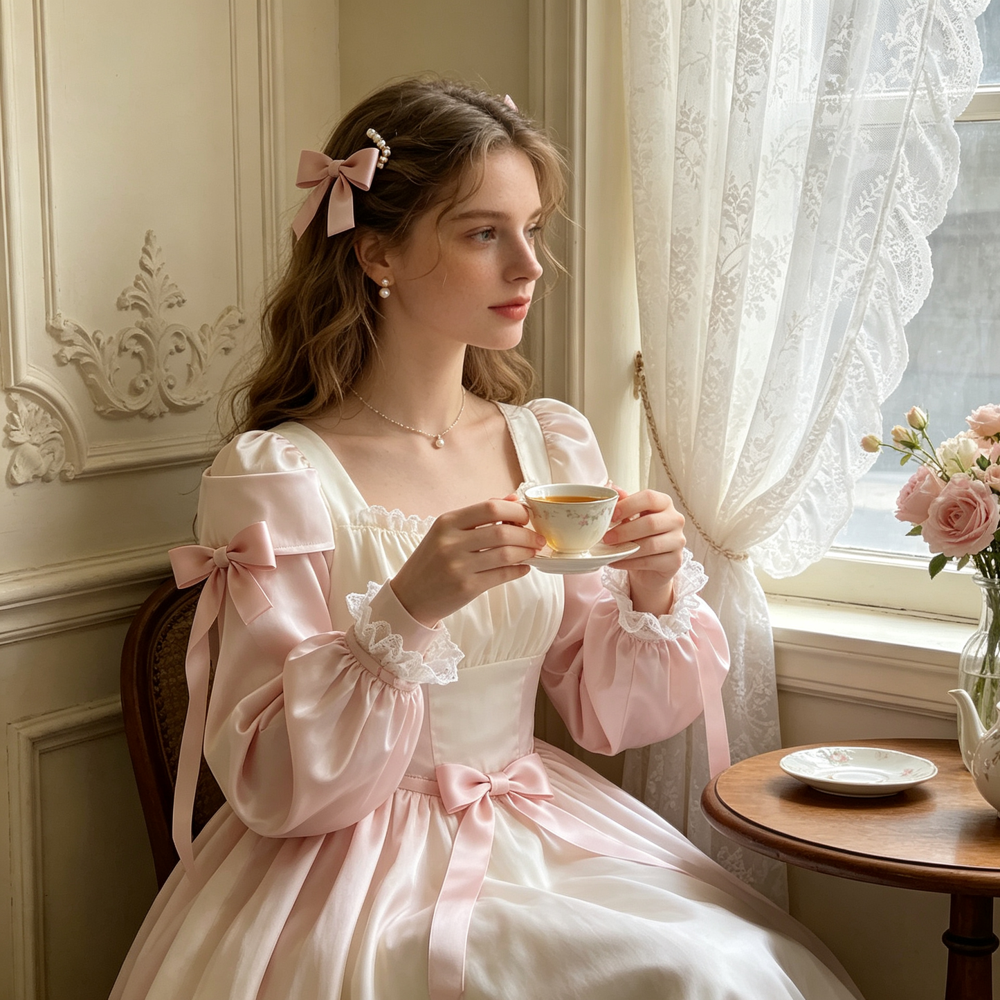 Pink Puff Bow Lace Arm Sleeves