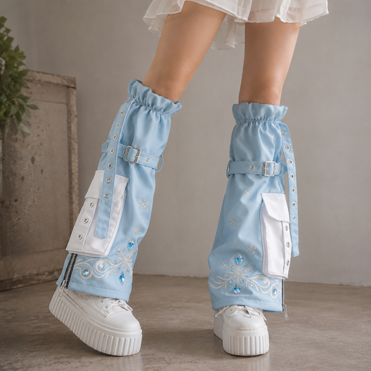 Light Blue Snowflake Faux Leather Leg Warmers